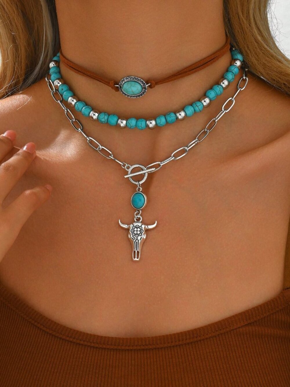 Turquoise Boho Women's Western Country Bull Head Pendant Necklace Set